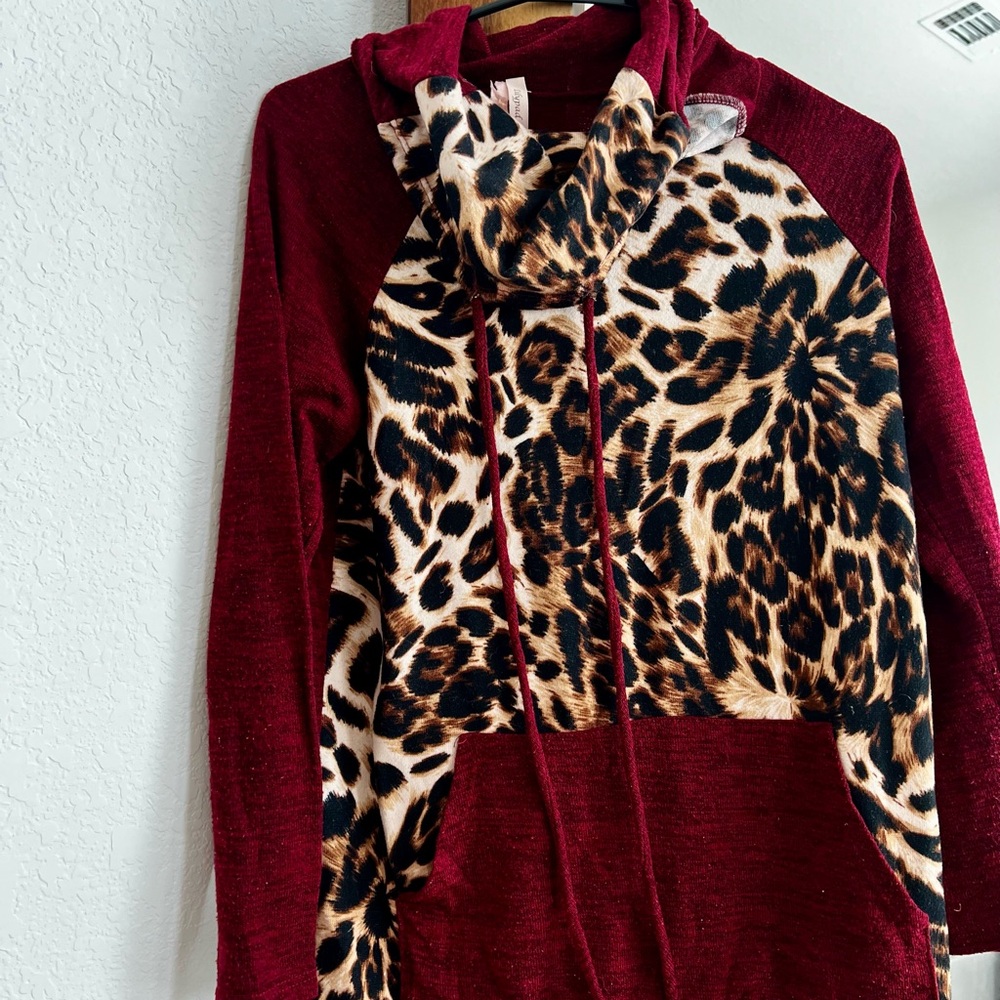 Leopard Print and Burgundy Cowl Neck top